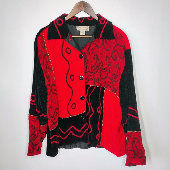Vintage New Direction Artsy Red Black Geometric Lightweight Blazer Jacket Large - Picture 1 of 15